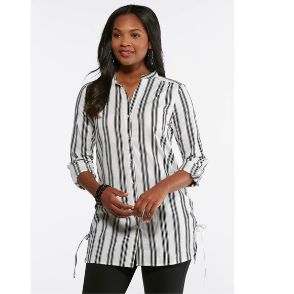 Cato Tops - Cato Vertical Stripe Tunic with Lace Up Sides Cato Tops - Cato Vertical Stripe Tunic with Lace Up Sides